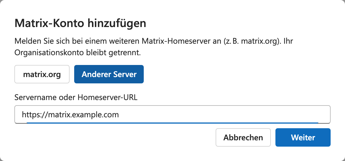 Dialog Matrix-Konto hinzufügen