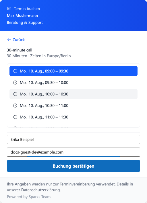 Slotwahl und Buchungsformular