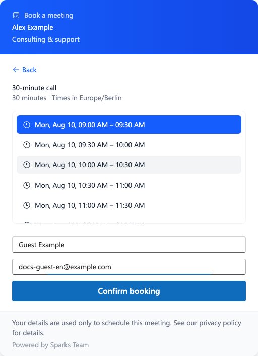 Slot selection and booking form
