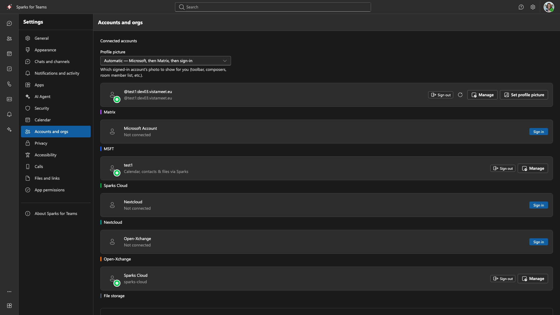 Settings Accounts with Matrix
