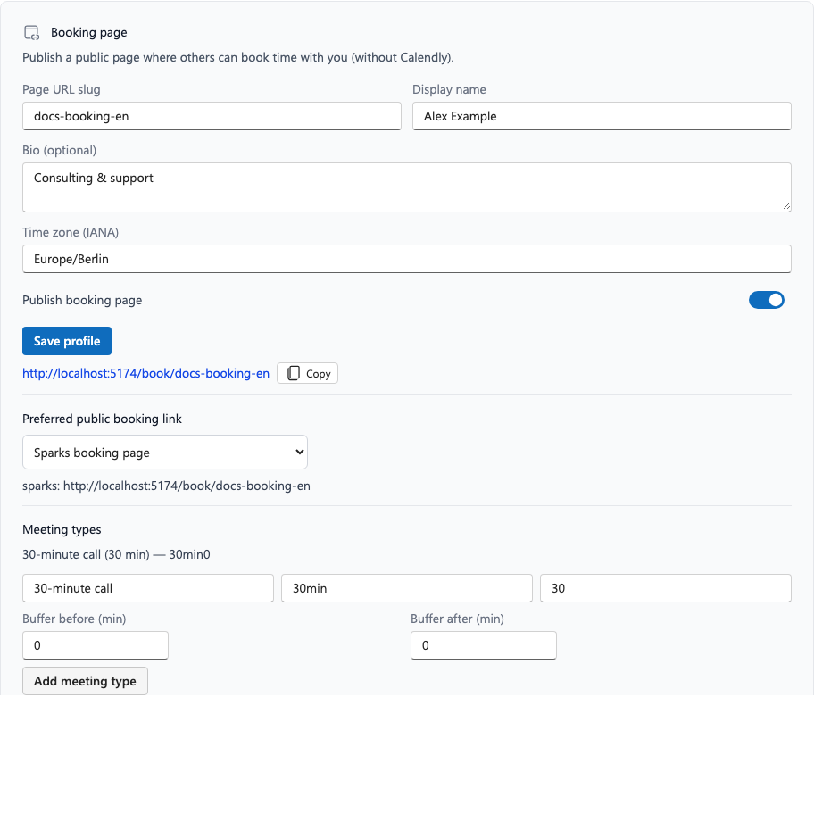 Booking page in account settings