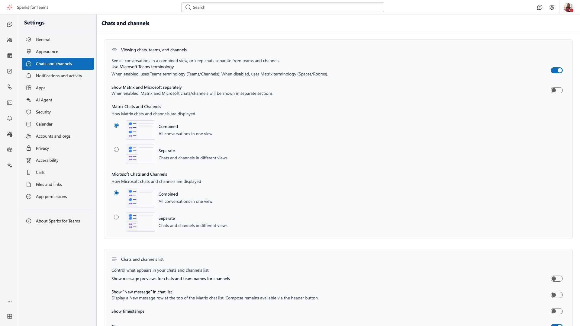 Chats and channels settings