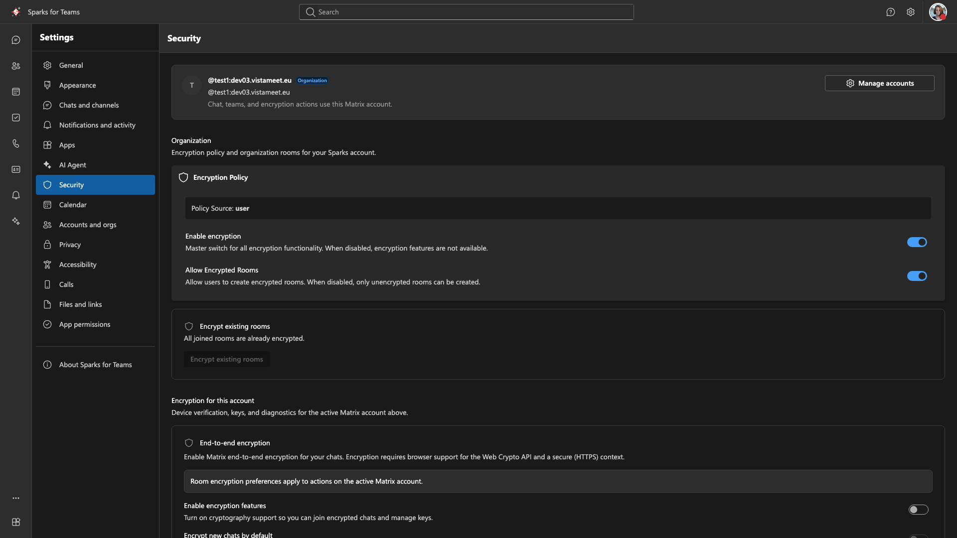 Settings Security – device verification